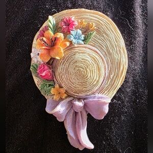 Floral Straw Hat with Bow Lapel Pin